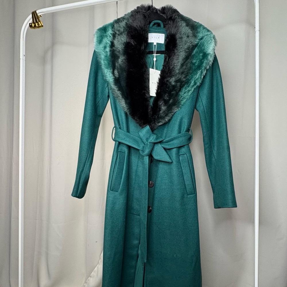 VILA Green Faux Fur Trim Coat